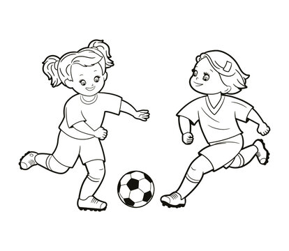 Coloring book: teenage girls playing soccer kicking soccer ball.Vector illustration in cartoon style, isolated black and white line art.