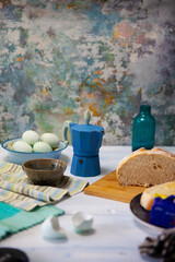 Farmhouse Blue Eggs breakfast with bread in High Key Lighting