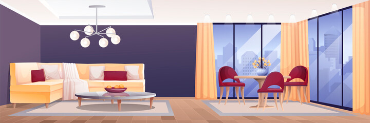Modern living or hotel room interior design background. Home with sofa with pillows, table with flowers, chairs, windows. Empty cosy area for rest and recreation vector illustration