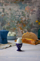 Farmhouse Blue Eggs breakfast with bread in High Key Lighting
