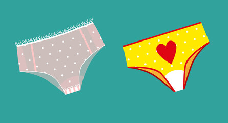 Women's underwear. Transparent pink panties and yellow ones with a heart. Flat cartoon colorful vector illustrations isolated on a green background. For cards, banners.