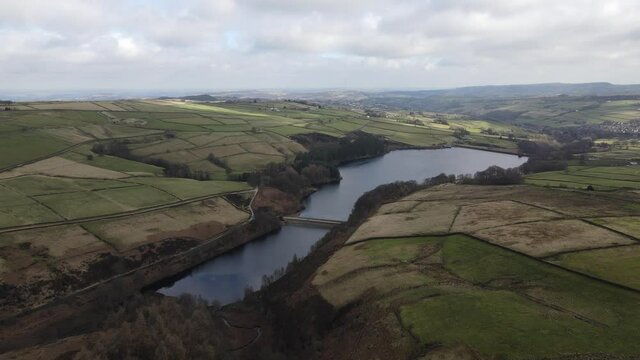 Drone Fly Over Aerial View Of Beautiful Digley Reservoir Peak District Holmfirth West Yorkshire Moors