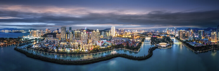 Aerial photography of the modern city landscape night view of Xiamen, China