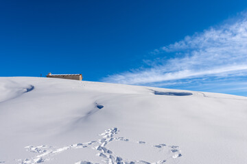 Fototapeta na wymiar Lessinia Plateau in winter with snow and old dairy farm (Altopiano della Lessinia), Regional Natural Park, Malga Gaibana near Malga San Giorgio ski resort, Verona Province, Veneto, Italy, Europe.