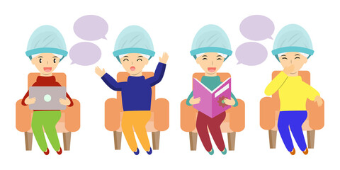 Group of women doing hair steamer enjoy talking each other. Talkative women having fun conversation in beauty salon cartoon vector.