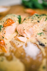 Savory Salmon Dinner with Alfredo Sauce and Vegetables 