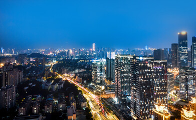Fototapeta na wymiar Aerial photography night view of modern architecture in Fuzhou city, China