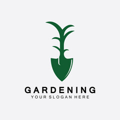 Gardening logo with shovel icon and tree with green leaves logo template.