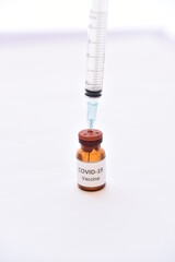 Vial of COVID-19 virus vaccine for injection, protective from novel coronavirus pandemic disease 