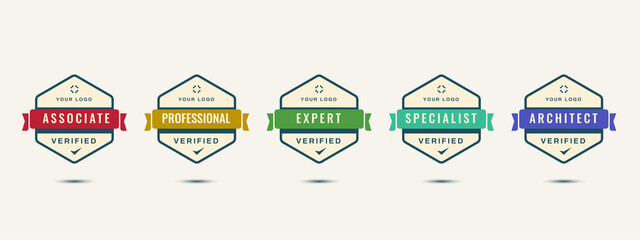 Verified logo badge design template.  Set of company business training badge certificates to determine based on criteria. Vector illustration certified logo design.	