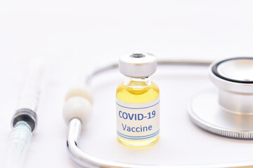 Vial of COVID-19 virus vaccine for injection, protective from novel coronavirus pandemic disease 