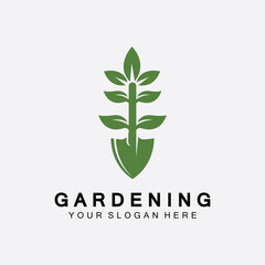 Gardening logo with shovel icon and tree with green leaves logo template.