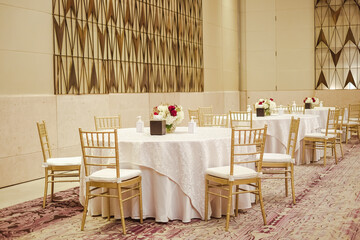 Bangkok Thailand , 13 January 2021 : Luxury wedding reception table ready for guests.