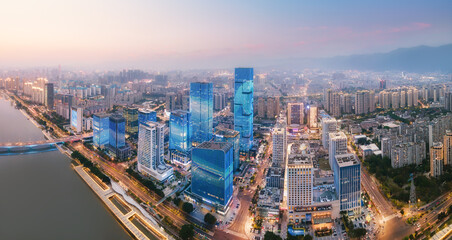 Fototapeta na wymiar Aerial photography night view of modern architecture in Fuzhou city, China