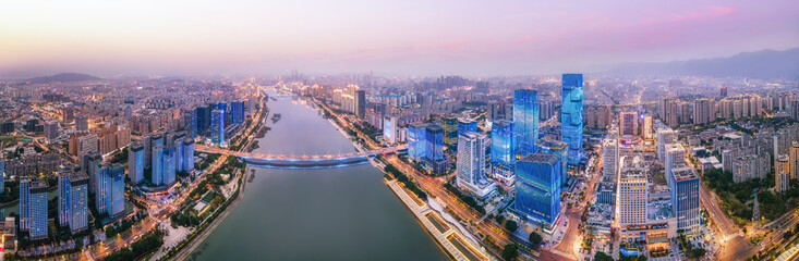 Naklejka na ściany i meble Aerial photography night view of modern architecture in Fuzhou city, China
