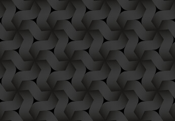 Black seamless pattern of hexagonal combined curve bands. Vector dark repeating background illustration.