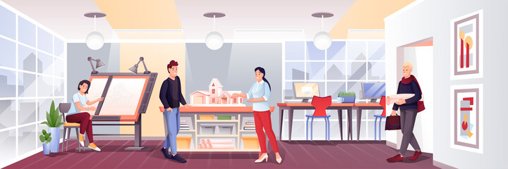 People in design office. Business workplace interior vector illustration. Women and men doing creative work in team. Graphic workstation, home model, computer monitors in room