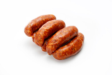 Rings of raw, smoked, medium minced sausage in natural casings, isolated on a white background. Traditional meat product , a packshot photo for package design, template. Polish sausage.