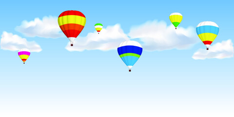 Bright, multi-colored balloons on a blue sky with white fluffy clouds. Light blue background. Day, morning. Vector illustration