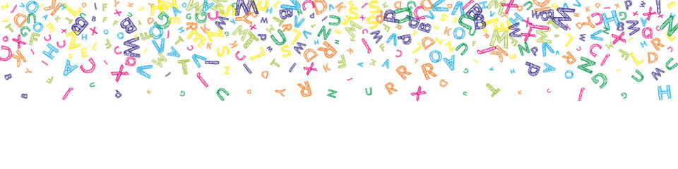 Falling letters of English language. Colorful messy sketch flying words of Latin alphabet. Foreign languages study concept. Pleasing back to school banner on white background.