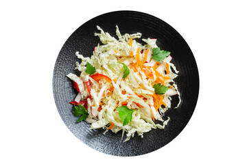 Chinese cabbage salad vegetable pepper, radish, carrot, onion ingredient snack vegan or vegetarian healthy meal top view copy space food background keto or paleo diet 