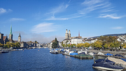 Zurich, Switzerland: View from Bellevue bridge to the city centre with churches