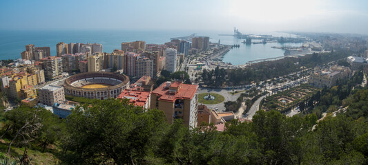 Naklejka premium Malaga, Spain. View of the seaport, bullring and part of the city from the Alcazaba