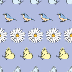 Vector pastel blue background daisy flowers, birds butterfly seamless pattern. butterflies. Seamless pattern background
