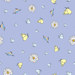 Vector pastel blue background daisy flowers, birds butterfly seamless pattern. butterflies. Seamless pattern background