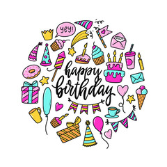 set of colorful hand drawn doodles for birthday decor. Perfect for stickers, clip art, prints, posters and card decorations, etc. Cartoon style, kids theme. EPS 10