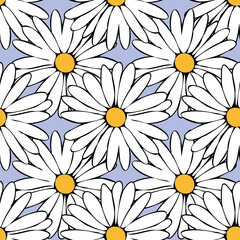 Vector pastel blue background daisy flowers seamless pattern. butterflies. Seamless pattern background