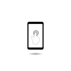 Hand on smart phone icon with shadow