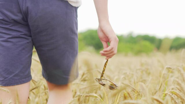 Close up of right hand hands holding sunglasses puma pattern walking around in wheat oat flour field sunny summers day farming agro culture barn countryside vacation calm nature sounds meditation yoga