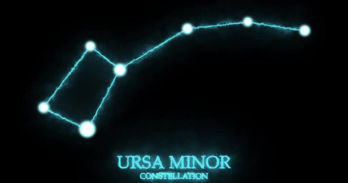 Ursa Minor constellation. Light rays, laser light shining blue color. Stars in the night sky. Cluster of stars and galaxies. Horizontal composition, 4k video quality