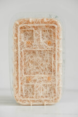 Roots of germinated grass in a transparent plastic container on a white background, Copy, empty space for text