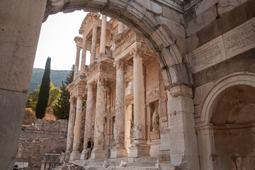 The Celsus Library in Ephesus - Selcuk (Izmir), Turkey. Ruins of ancient city. Beautiful facade of an old building of an ancient civilization. Seven Wonders of the World.