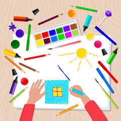 Children's drawing with colored pencils on white paper. Top view of drawing stationery. Paints, brushes, colored pencils, markers, white album sheets for drawing. Back to school. Vector illustration