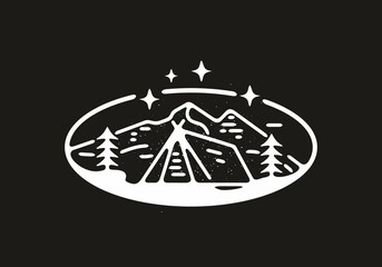 Black and white of outdoor camping illustration in oval shape
