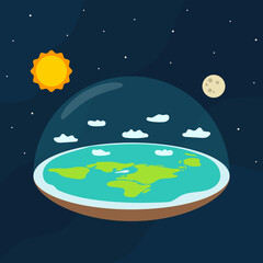 Theory of flat Earth. Flat Earth in space with sun and moon. Vector illustration