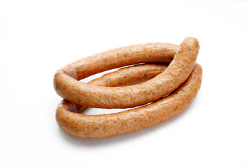 Rings of aromatic, country style, smoked sausage, isolated on a white background. Traditional meat product , a packshot photo for package design, template. Polish sausage, close-up.