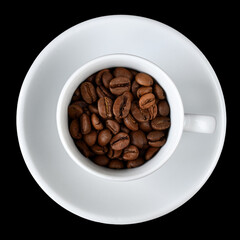 Cup of hot coffee with a scattering of coffee beans isolated