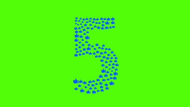 numbers, 1, 2, 3, 4, 5 gradually appear from the icons of the emotion of likes. Countdown. Concept for infographics, internet, social networks. Alpha channel. On a green background