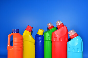 Obraz premium Detergent bottles. Detergents and laundry concept. Household chemicals for cleaning. Chemical liquid for washing. Concentrated and anti-bacterial liquids for dishwasher. Remove carbon and grease