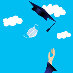 Illustration of student hand throwing his cap and mask in the air on a sky background with clouds. Graduation concept in pandemic