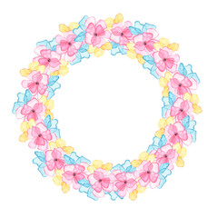 A wreath of pink watercolor flowers with blue and yellow petals. Hand painted floral frame with place for text. Template for oktykok, wedding invitations, valentine's day.