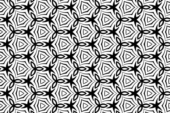 Geometric artistic black white background with monochrome pattern. Ethnic motif in oriental style for wallpaper, stained glass. Template.