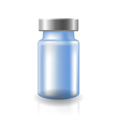 Blank transparent light blue glass medical vaccine vial with silver metal cap mockup template.