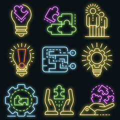 Solution icon set. Outline set of solution vector icons neon color on black