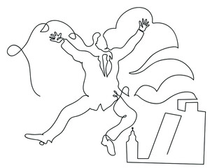 One line drawing of jumping businessman over clouds.
One continuous line drawing of successful businessman concept.
