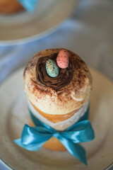 Traditional Easter dessert with icing and easter decoration.